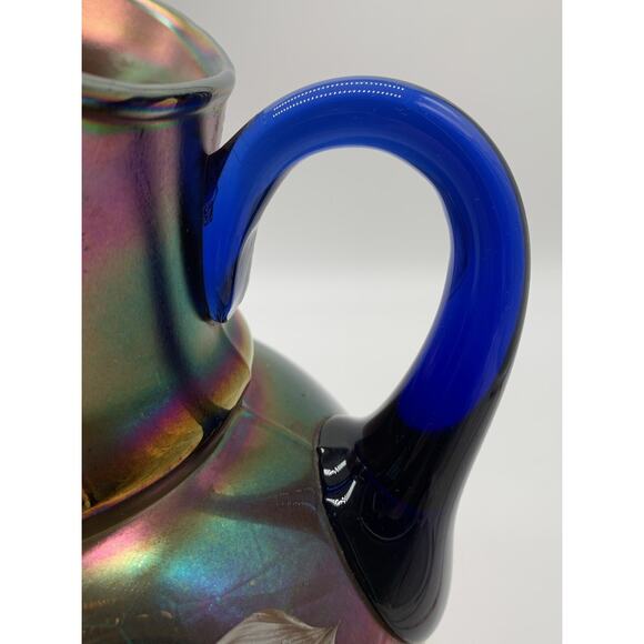 Vintage Cobalt Carnival Glass Cherry Blossom Water Pitcher Irredescent Read!! - Picture 11 of 13